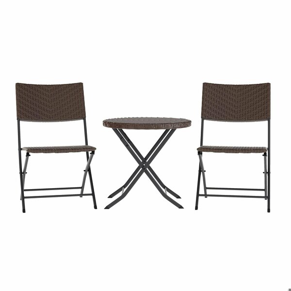Flash Furniture Rouen 3-Pc Foldable French Bistro Set, PE Rattan Back, Seat and Table Top, Brown w/Blk Steel Frames FV-FWA085-BRN-BLK-GG